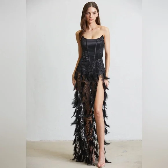 Betsey Johnson Feather beaded sheer strapless maxi dress nwot - Picture 6 of 9